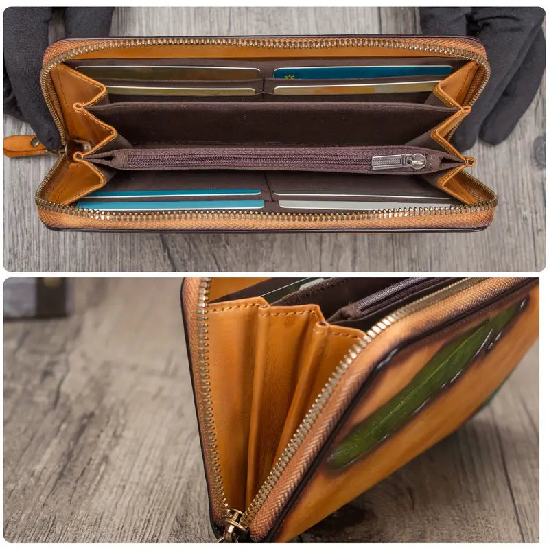 Portefeuille femme cuir vert – Design artistique avec plumes colorées