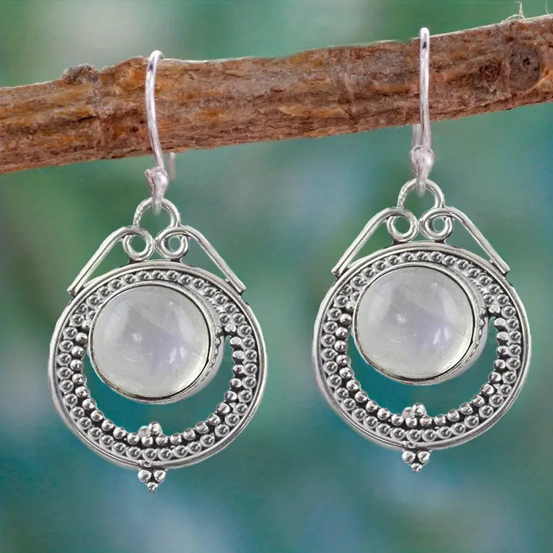 Boucles d’oreilles pendantes femme argent antique avec pierre de lune – Bijoux bohème chic