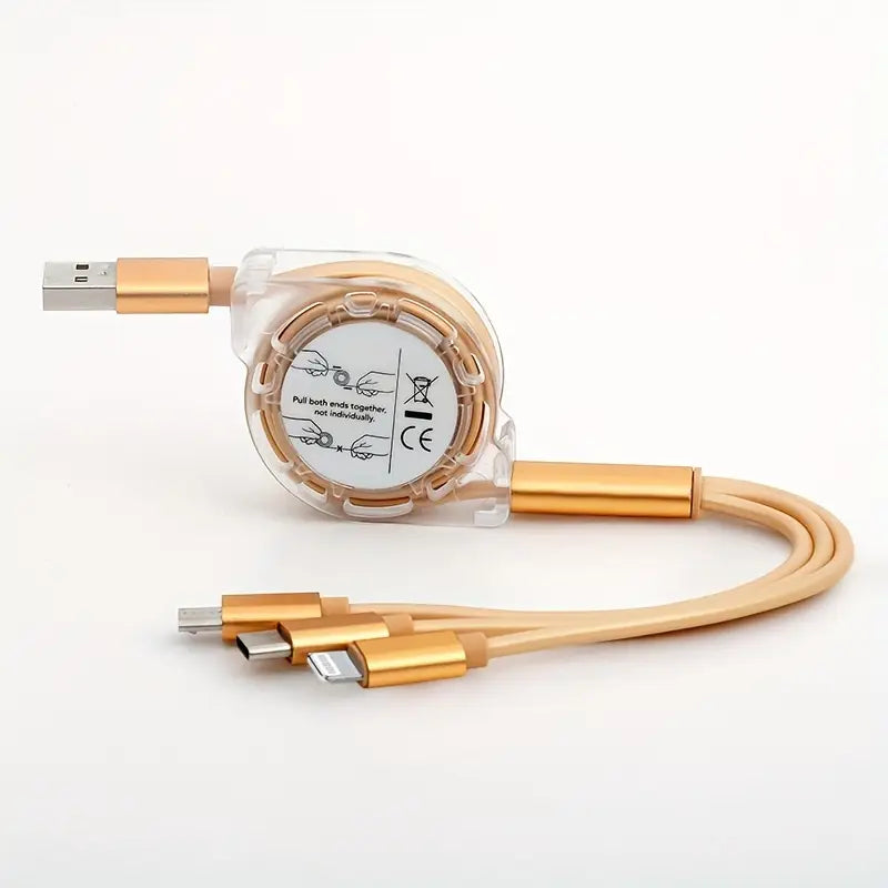 Câble 3-en-1 Rétractable Rose – USB vers Lightning, Type-C et Micro USB – Charge Rapide et Compact pour Tous Appareils