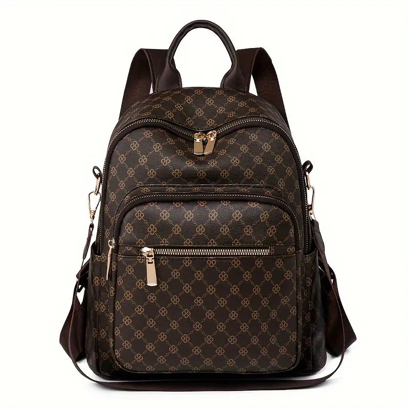 Sac à dos décontracté femme – Grand sac élégant à motif monogramme avec multiples poches