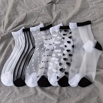 Lot de 4 Paires de Chaussettes Transparentes Motifs Cœurs et Rayures – Élégantes & Respirantes pour Femme