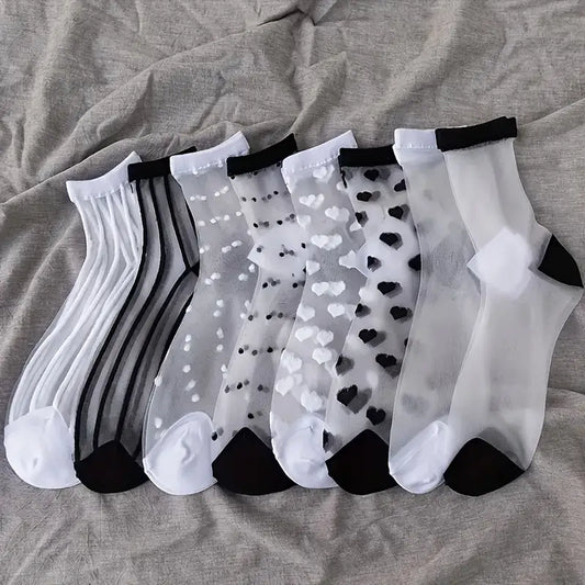 Lot de 4 Paires de Chaussettes Transparentes Motifs Cœurs et Rayures – Élégantes & Respirantes pour Femme