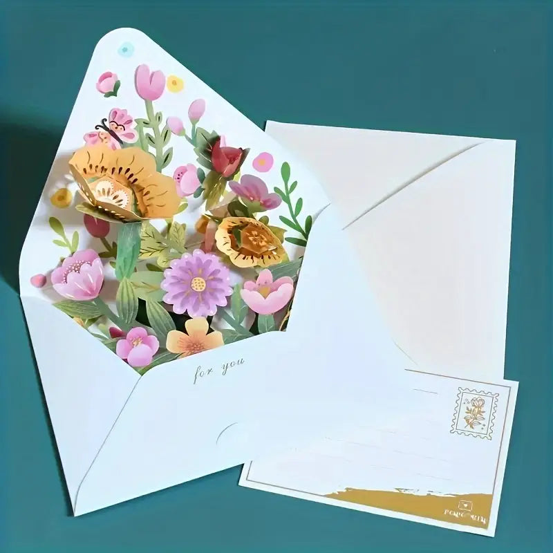 Carte de Vœux Pop-Up Fleurie avec Chat Porte-Bonheur – Carte Postale 3D pour Toutes Occasions