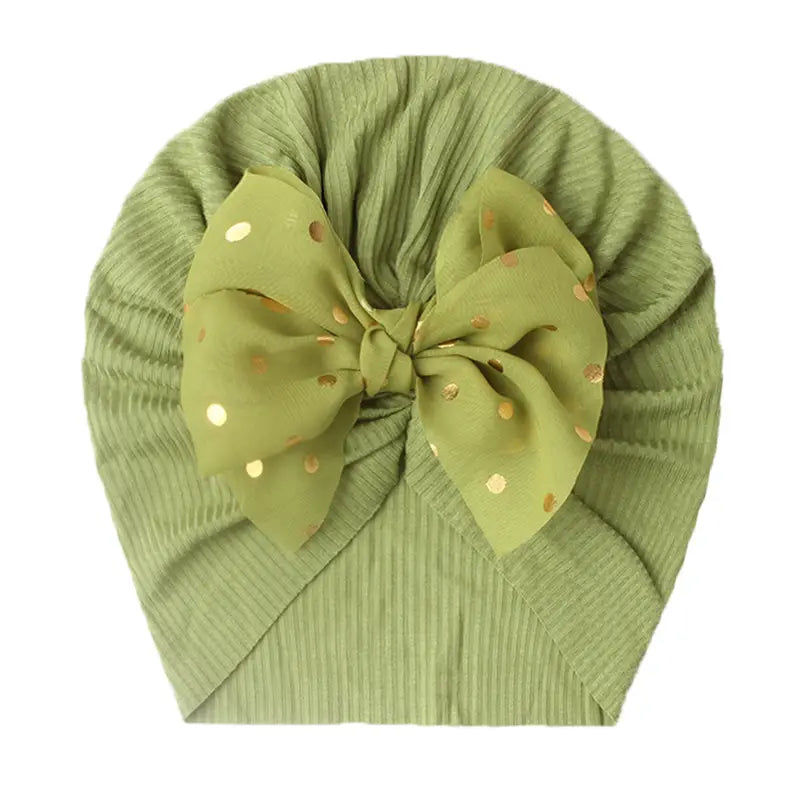 Turban en Coton avec Grand Nœud à Pois Dorés, Chapeau Mode et Confort pour Nouveau-né et Fille