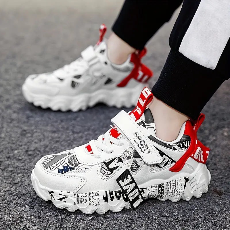 Baskets garçon – Chaussures de sport blanches à motifs graffitis noir et rouge tendance et confortables