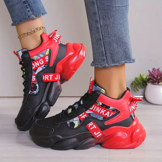 Baskets montantes femme noires et rouges – Chaussures de sport tendance confortables pour streetwear et fitness