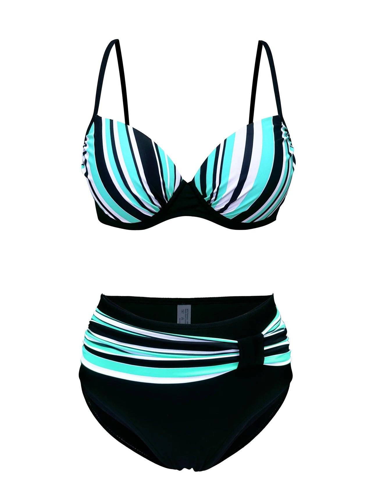 Bas de bikini taille haute gainant – Rayures multicolores et ceinture effet ventre plat pour silhouette affinée