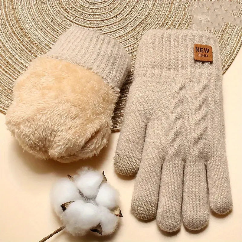 Gants femme hiver tricotés doublés polaire – Chauds et confortables en maille beige élégante
