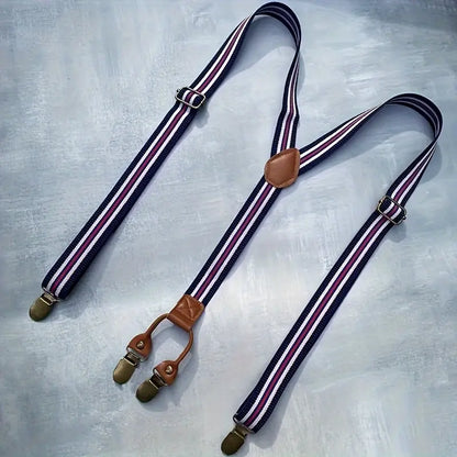 Bretelles homme à rayures rétro ajustables – Style vintage élégant avec attaches métalliques et cuir marron
