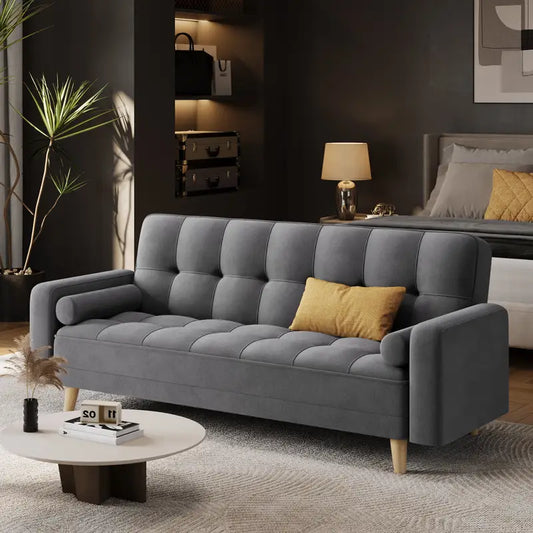 Canapé 3 Places Gris Foncé Style Scandinave – Dossier Capitonné et Pieds en Bois pour Salon Moderne