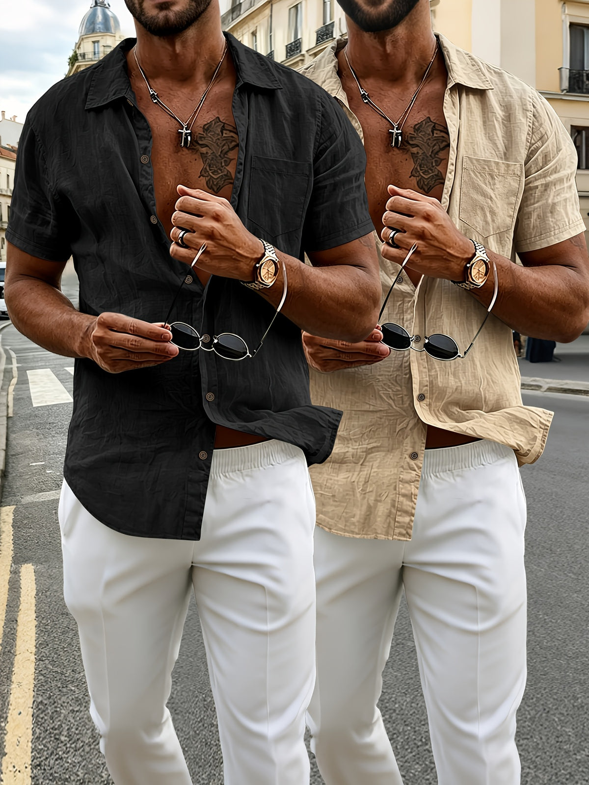 Lot de 2 chemises Henley à manches courtes en lin pour homme