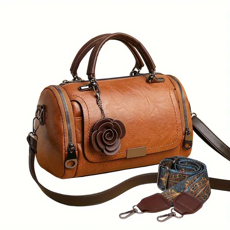 Sac Besace Femme Élégant Marron  Sac à Main en Simili Cuir avec Fleur Décorative et Bandoulière Amovible