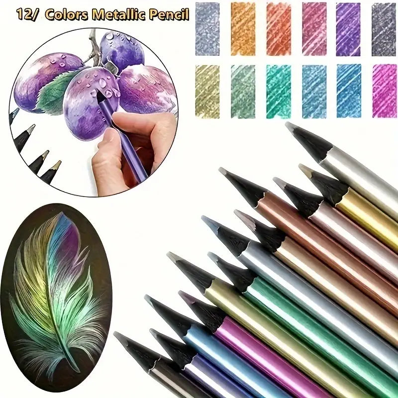 Lot de 12 Crayons de Couleur Métalliques – Crayons Artistiques 3mm pour Dessin, Esquisse et Coloriage Créatif