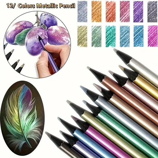 Lot de 12 Crayons de Couleur Métalliques – Crayons Artistiques 3mm pour Dessin, Esquisse et Coloriage Créatif