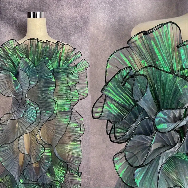 Tissu Organza Irisé Plissé – Voilage Transparent avec Volants Ondulés pour Mode et Décoration