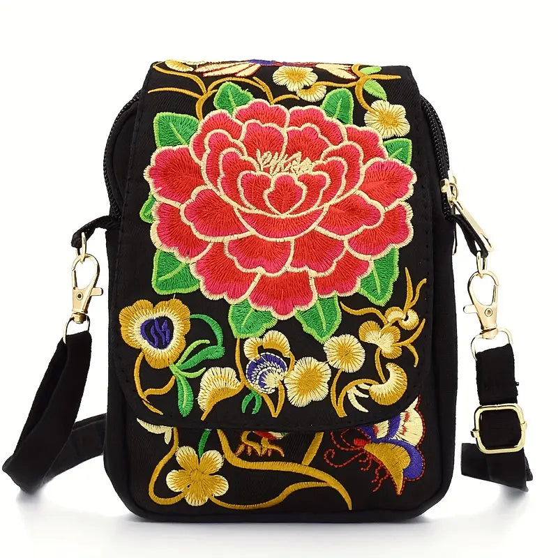 Sac bandoulière femme brodé – Petit sac à main noir bohème chic avec motifs floraux colorés