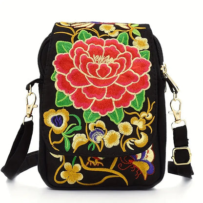 Sac bandoulière femme brodé, coloris Noir rouge