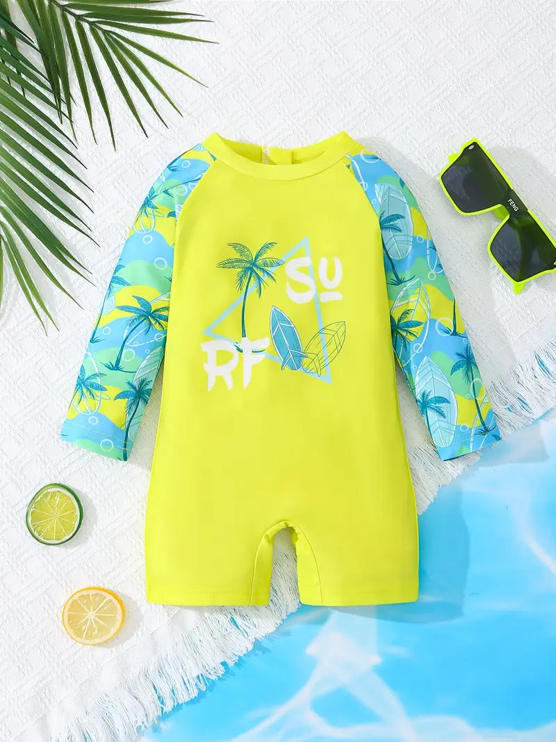 Maillot de bain garçon une pièce anti-UV manches longues – Combinaison de plage jaune et bleue avec imprimé palmier