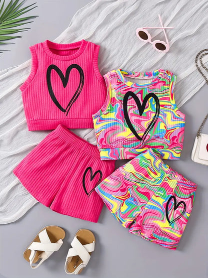 Hauts fille colorés sans manches avec imprimé cœur – Ensemble tendance été confortable