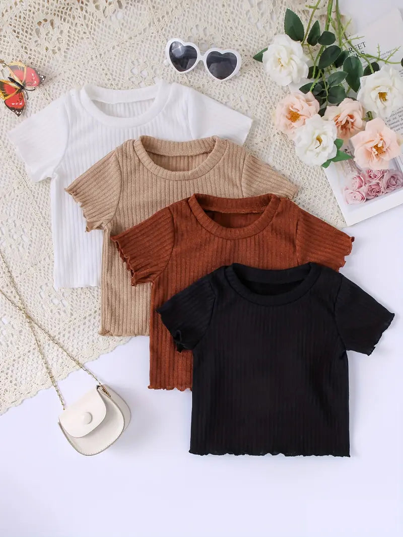 T-shirt Fille Côtelé Manches Courtes – Hauts Enfant Confortables et Tendance en Lot Multicolore
