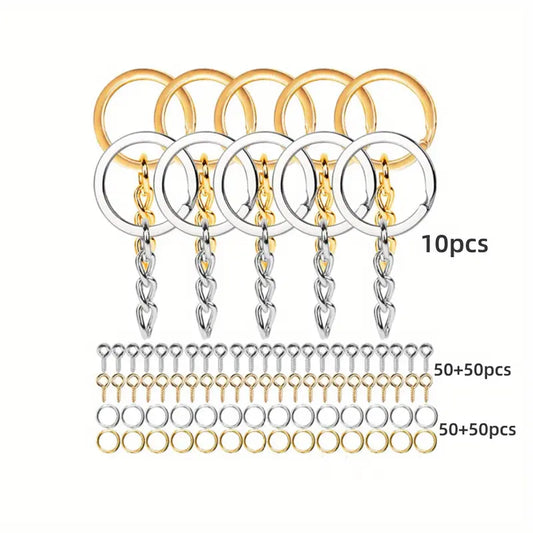Kit d’accessoires porte-clés pour résine – 10 anneaux dorés et argentés + 100 embouts – Idéal pour créations DIY en moulage de bijoux