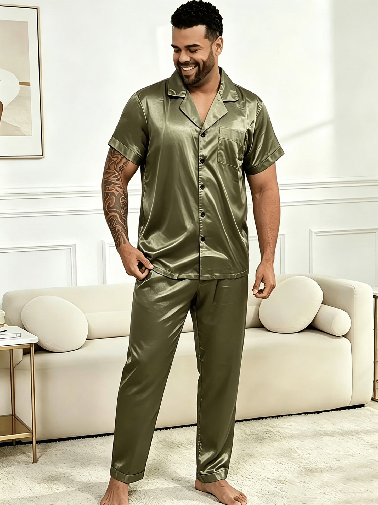 Ensemble pyjama 2 pièces grande taille pour homme en tissu fibre vert
