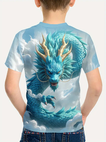 T-shirt Garçon Fantaisie Dragon Bleu – Motif 3D Écailles et Nuages