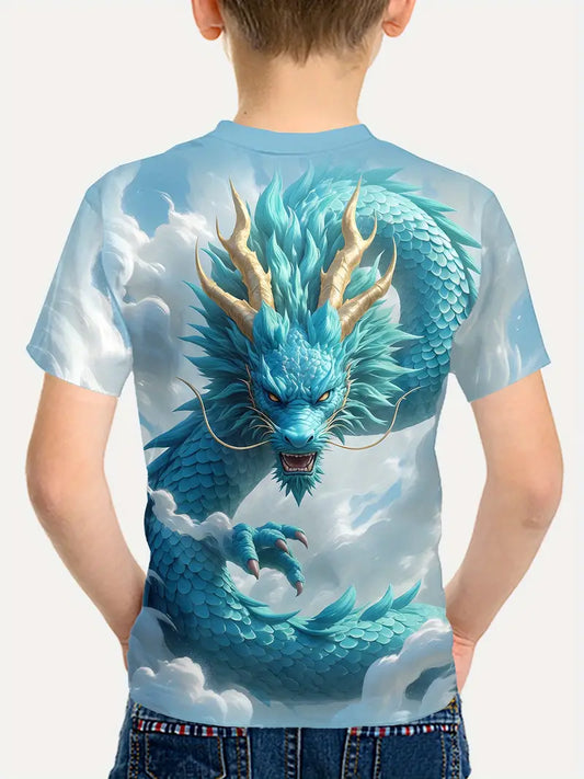 T-shirt Garçon Fantaisie Dragon Bleu – Motif 3D Écailles et Nuages