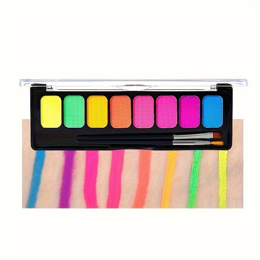 Palette de Peinture Fluorescente pour le Visage et le Corps – 8 Couleurs Néon avec Pinceaux