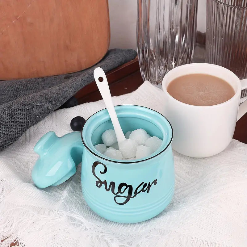 Pot à Sucre en Céramique avec Couvercle et Cuillère – Design Vintage pour Cuisine ou Petit-Déjeuner Chic