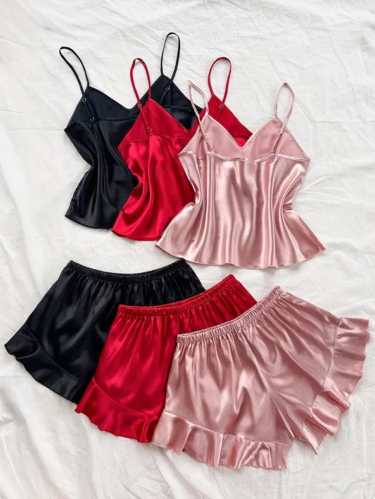 Pyjama Femme Satin 2 Pièces – Sous-vêtements et Pyjamas Élégants Débardeur & Short avec Volants