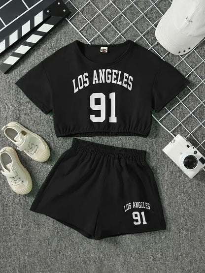 Chemise fille jaune style crop top avec imprimé Los Angeles, coloris Noir