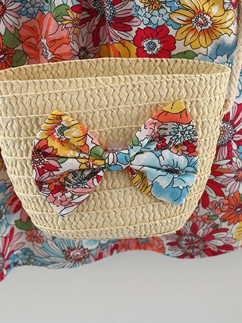 Robe bébé fille fleurie – Cadeau naissance été sans manches avec bretelles croisées