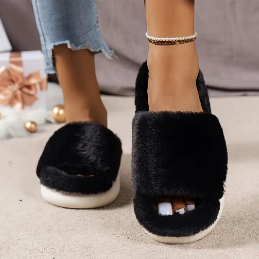Chaussons Hiver Femme en Fausse Fourrure – Mules Douillettes Ouvertes et Semelle Épaisse Antidérapante
