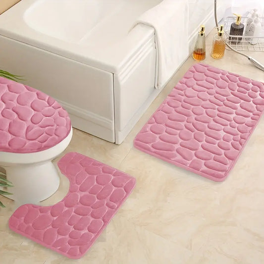Ensemble de Tapis de Bain Antidérapants 3 Pièces – Effet Pierre, Ultra-Doux et Absorbant
