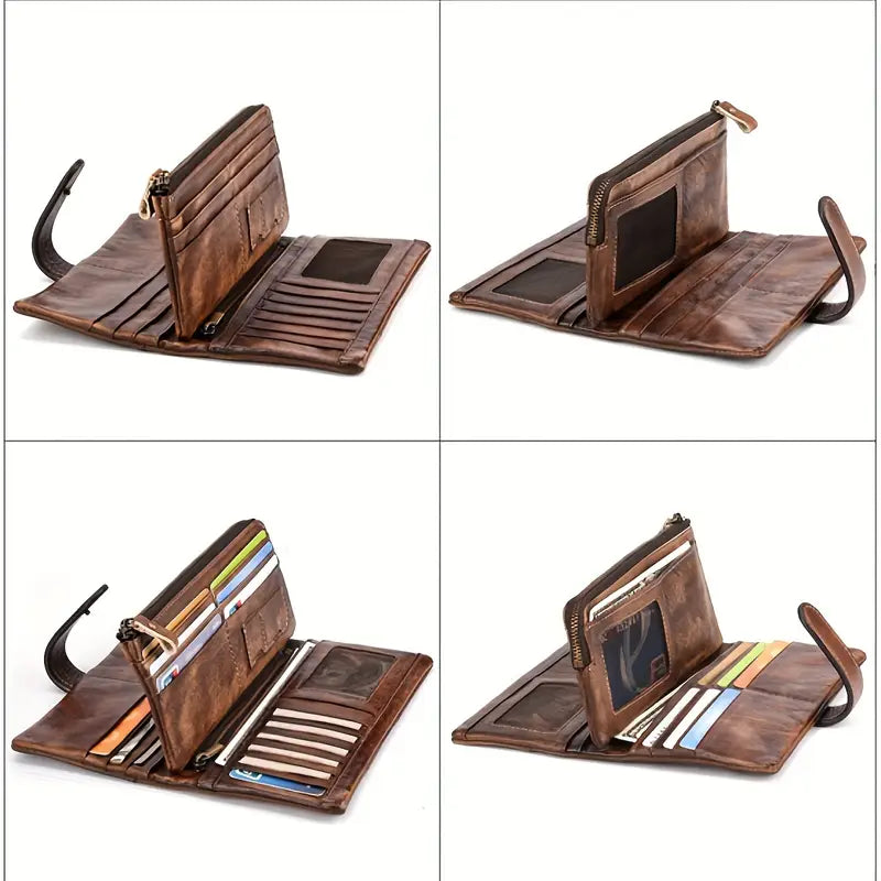 Portefeuille femme en cuir marron – Grand format élégant avec fermeture zippée