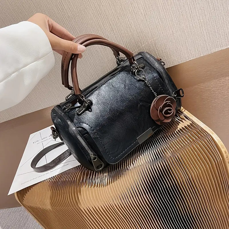 Sac Besace Femme Élégant Marron  Sac à Main en Simili Cuir avec Fleur Décorative et Bandoulière Amovible
