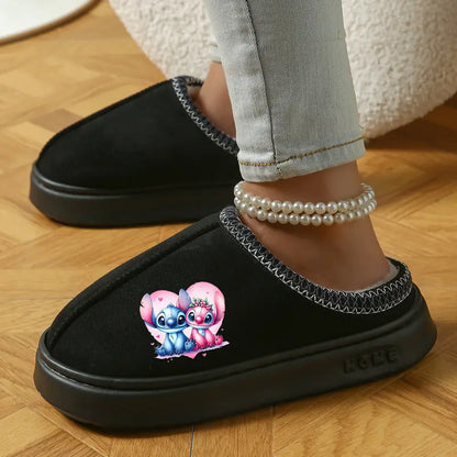 Mules fille d’hiver noires fourrées – Sabots chauds avec motif dessin animé mignon
