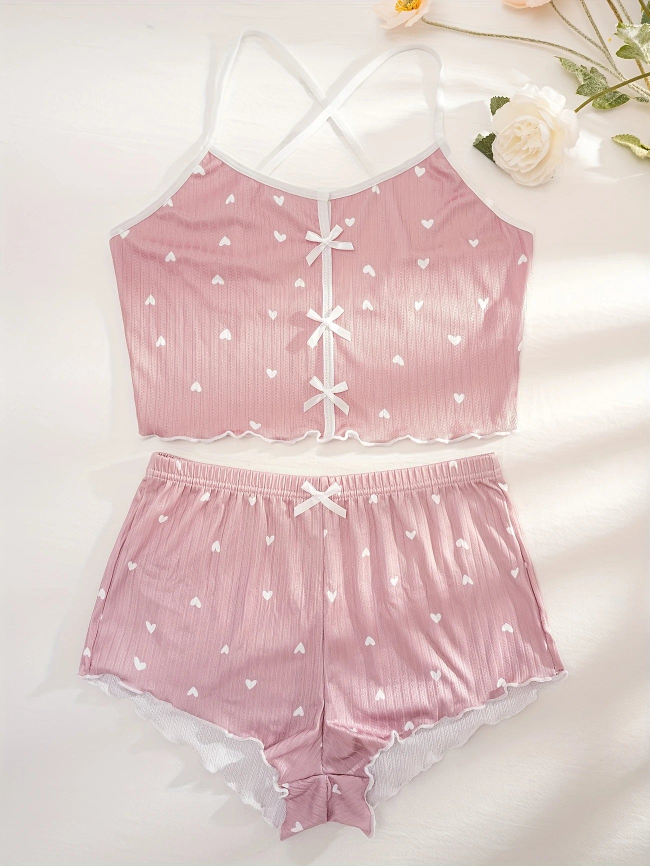 Pyjama Femme Été Côtelé Rose – Ensemble 2 Pièces Débardeur & Short à Cœurs
