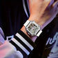 Montre homme squelette automatique – Design carré sport en acier inoxydable et bracelet silicone bleu