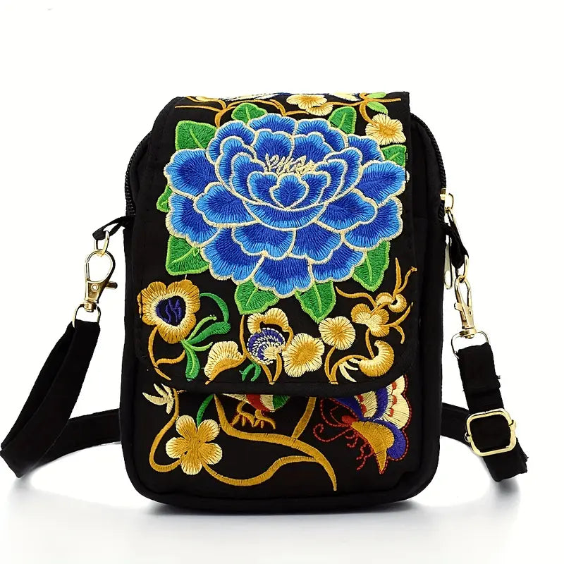 Sac bandoulière femme brodé – Petit sac à main noir bohème chic avec motifs floraux colorés