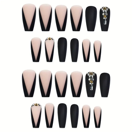 Faux Ongles Noirs et Nude Mat avec Strass – Design Pointu Élégant, Kit de 24 Pièces Prêt à Poser