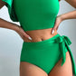 Bikini vert/noir asymétrique avec volant – Haut une épaule élégant et culotte taille haute nouée