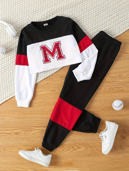 Hauts fille sport – Ensemble sweat crop top à manches longues et pantalon jogging noir et vert