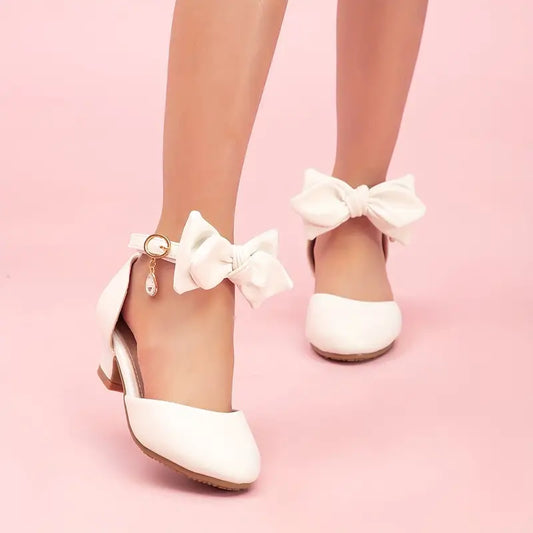 Ballerines fille blanches avec nœud et bride élégante – Chaussures de cérémonie et mariage