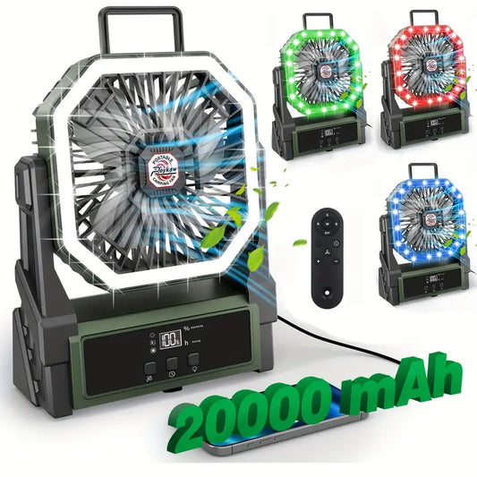 Ventilateur portable rechargeable avec LED et chargeur USB – Idéal pour camping, plein air et alimentation d’appoint