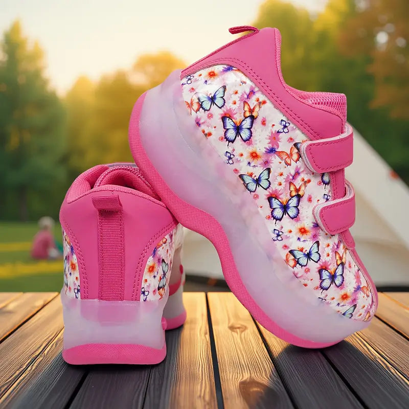 Chaussures de sport fille – Baskets roses à scratch avec imprimé papillons légères et tendance
