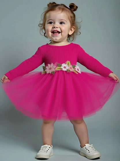 Robe Bébé Fille en Tulle Rose Fuchsia avec Fleurs – Tenue Chic pour Anniversaire et Cérémonie