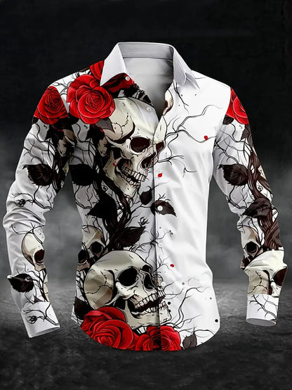 Chemise fantaisie homme – Motif crâne et roses rouges, Style gothique tendance et original