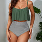 Bikini deux pièces femme – Haut à volants vert kaki/Rose & culotte taille haute rayée